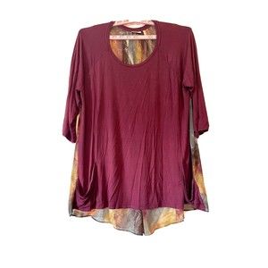 LOGO by Lori Goldstein Tunic Top, Sheer Back, Feather Print - Burgundy - Size 2X